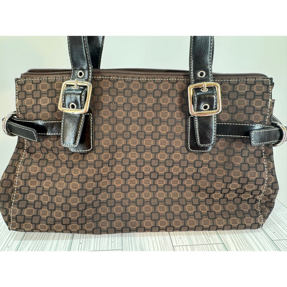 Nine West Women's Brown Geometric Print Buckle Accent Satchel Shoulder Bag Purse
